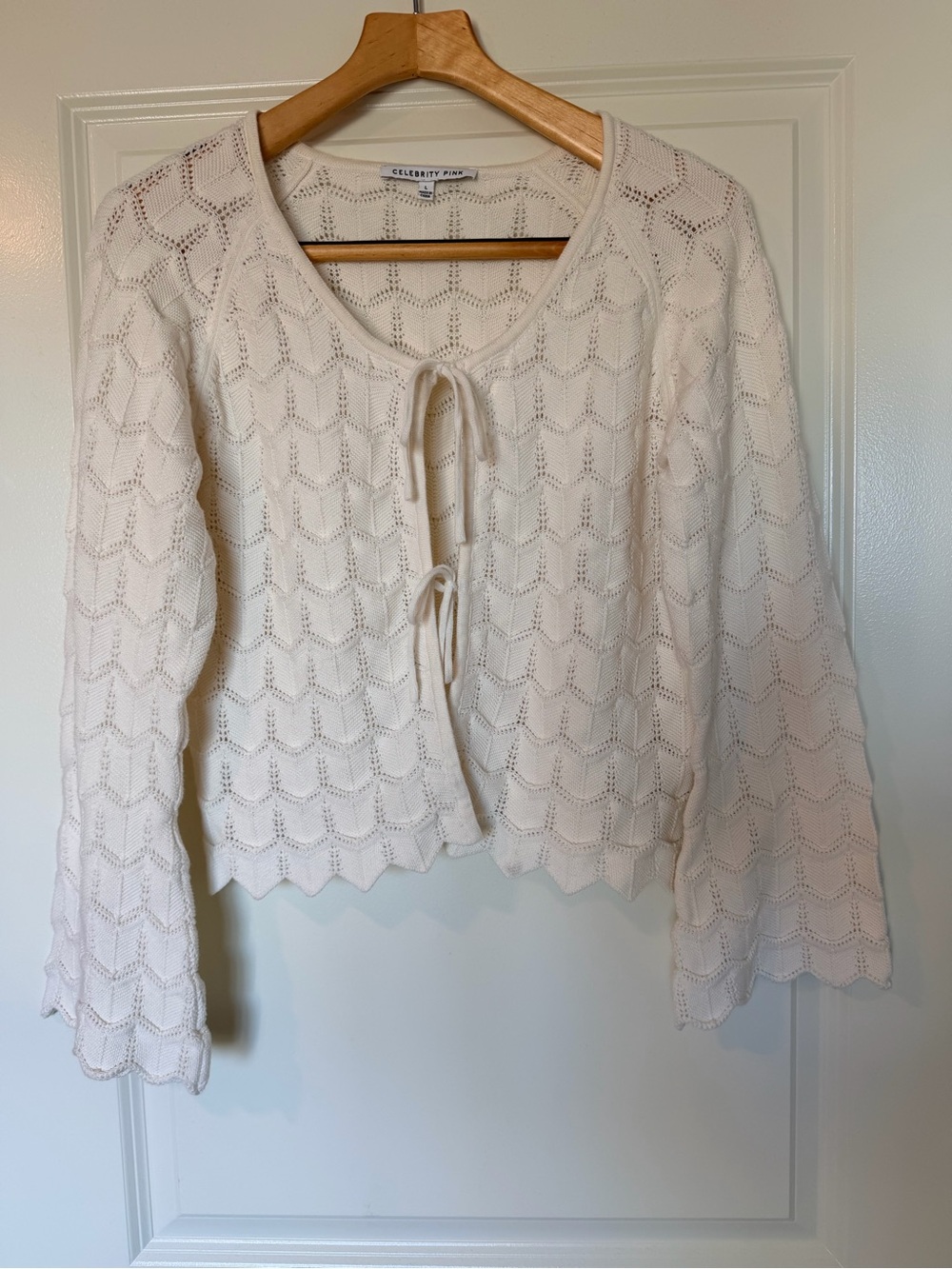 Celebrity Pink Cream Pointelle Tie Front Cardigan L